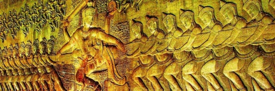Churning of the sea of milk, bas relief depicting Hindu scripture.
