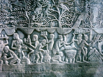 Marketplace in ancient Angkor, bas relief in Bayon Temple.