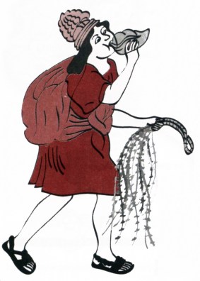Chasqui playing a pututu (conch shell) and carrying a quipu