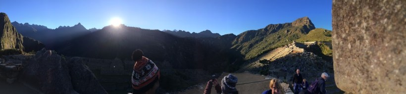 Sunrise at Machu Picchu, a few days after the winter solstice, 2016.  Given their worship of Inti, the Inca often constructed temples and other important buildings to align dramatically with the sun on this important date.