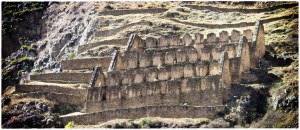 Qullqa (imperial storehouse) above Ollantaytambo, Peru, 2016. This high position would have allowed for good natural ventilation, prolonging the life of the goods stored inside.