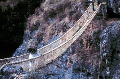 Rope bridge built in the traditional Inca style, Peru, 2010s.