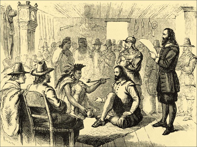 Massasoit and governor John Carver smoking a peace pipe.